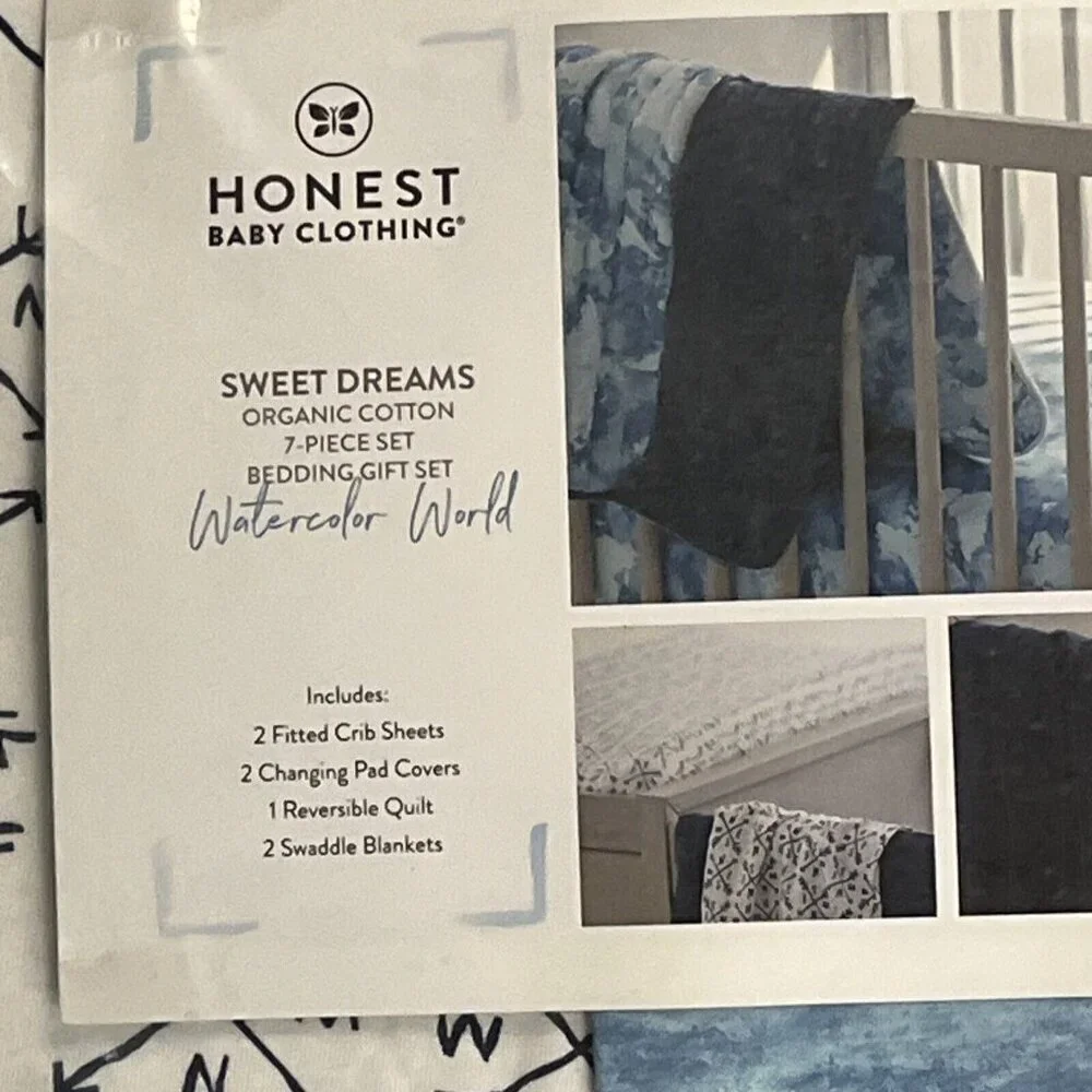 Honest Baby Organic Cotton Bedding Set‎ Blue Water Color World 7 pc Set